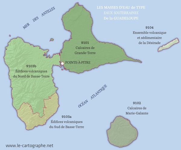 Carte_les masses d'eau de type eaux souterraines en Guadeloupe